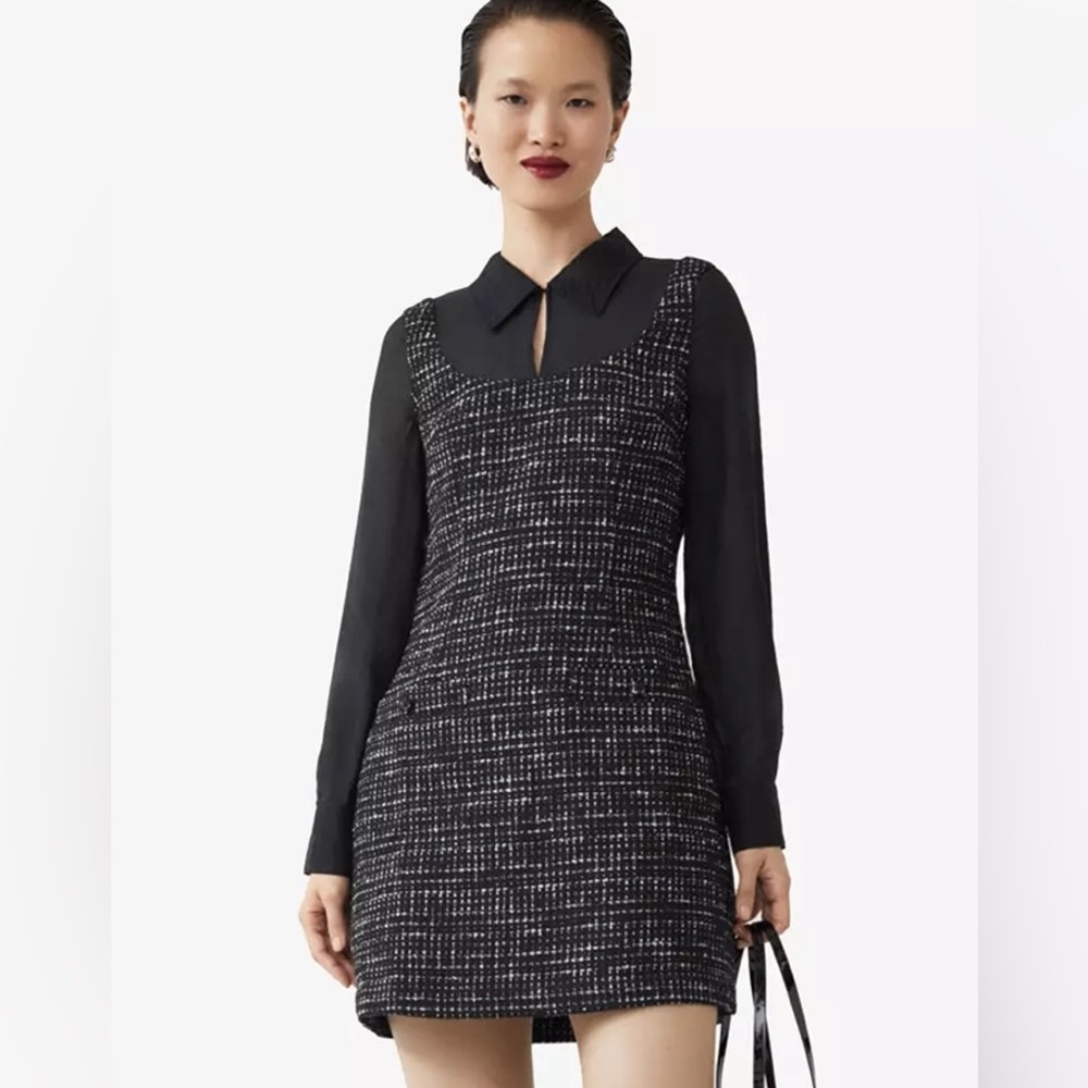 & Other Stories Black and White Tweed Layered Long Sleeve Collared Mini Dress